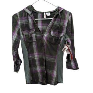 Vintage 1990s Y2K Bongo Purple Black Plaid 3/4 Sleeve Cotton Hoodie Shirt Small
